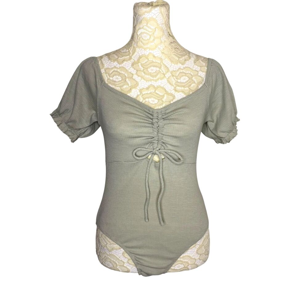 Princess Polly Cinch Ruched Bodysuit Shirt Top Blouse Puff Sleeve Green US 4